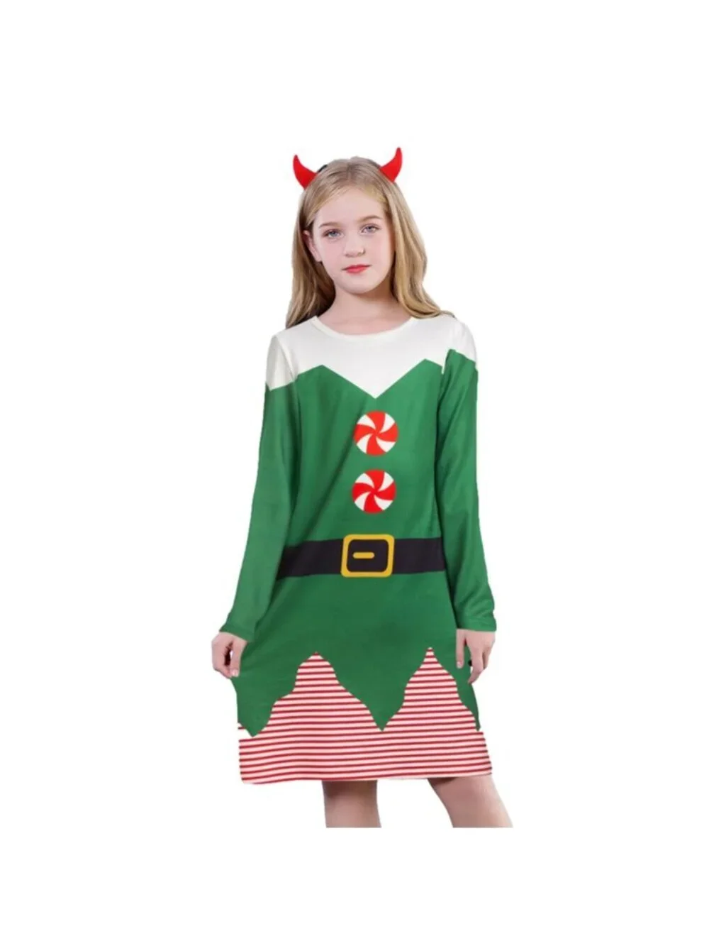 YIRONGWANG Girls Dress Long Sleeve Playwear Christmas Midi Green Santa Claus Med